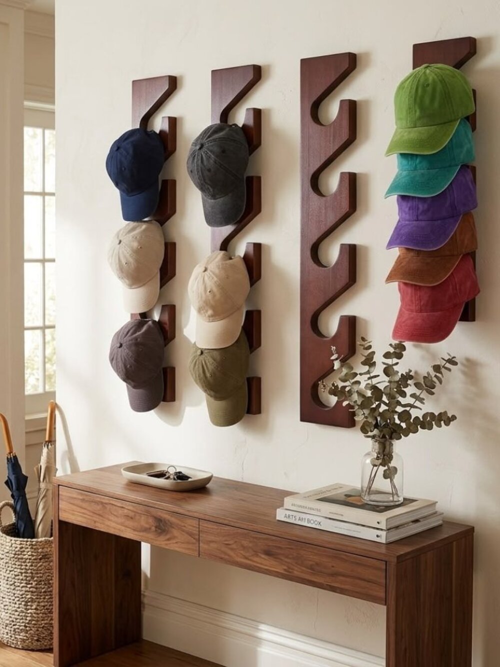 Wooden Vertical Wall-Mounted Baseball Cap Rack Organizer Set